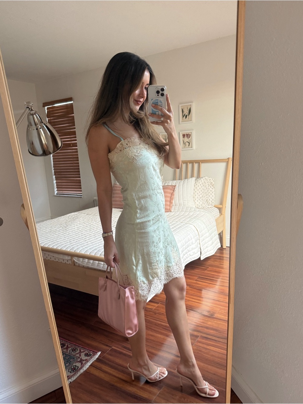 Zara Mint Green Slip Dress with Cream Lace Trim